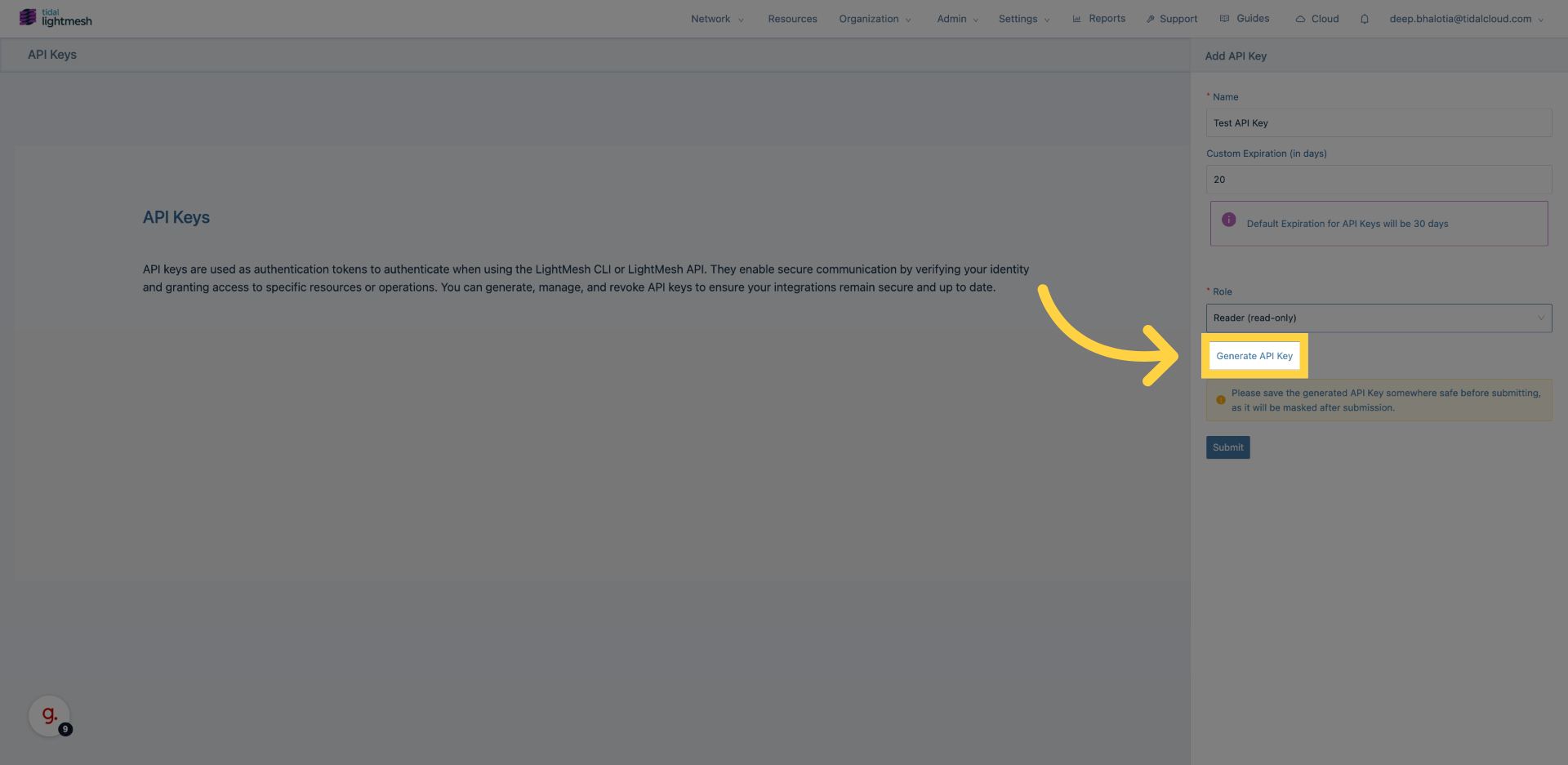 Click &lsquo;Generate API Key&rsquo;