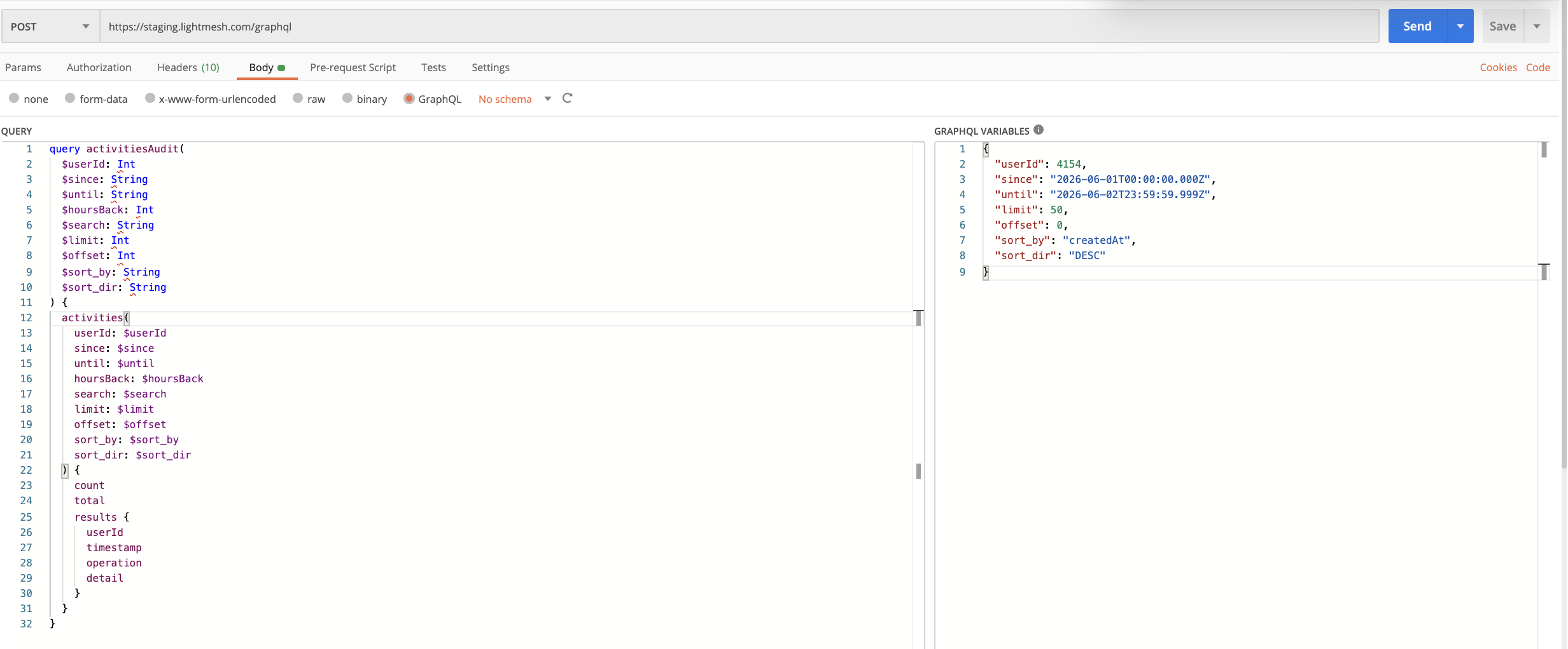 activities query in Postman