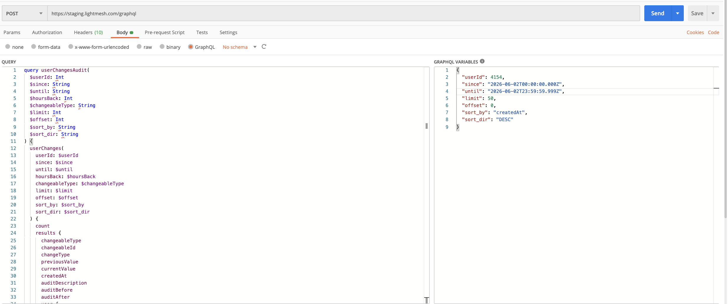 userChanges query in Postman