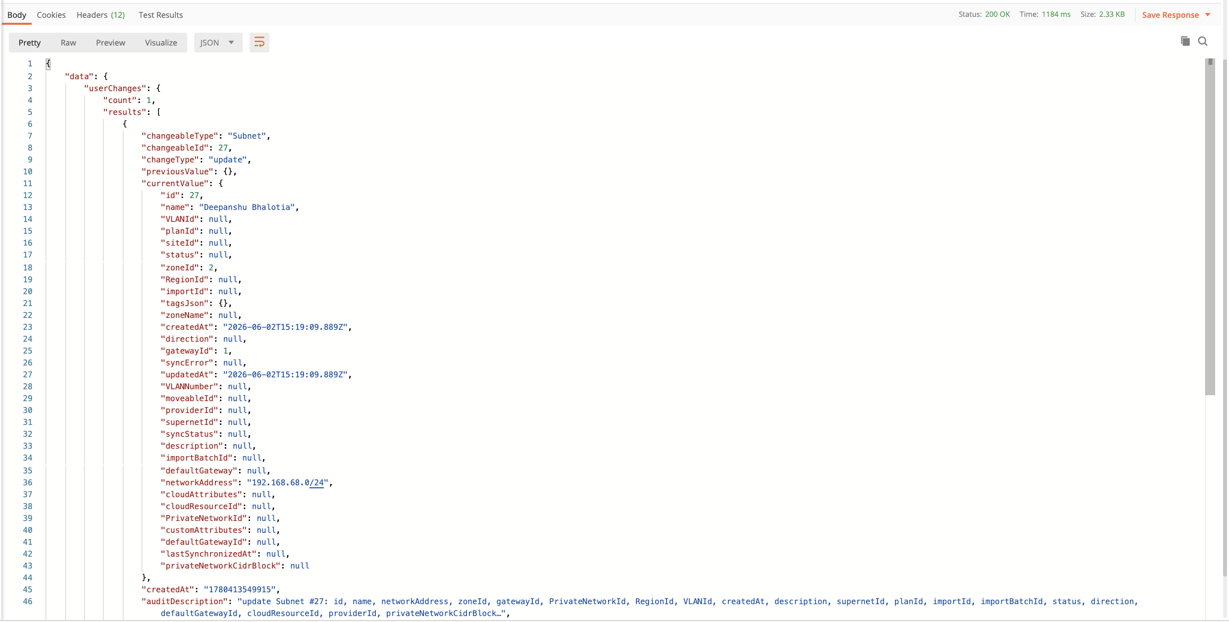 userChanges query in Postman