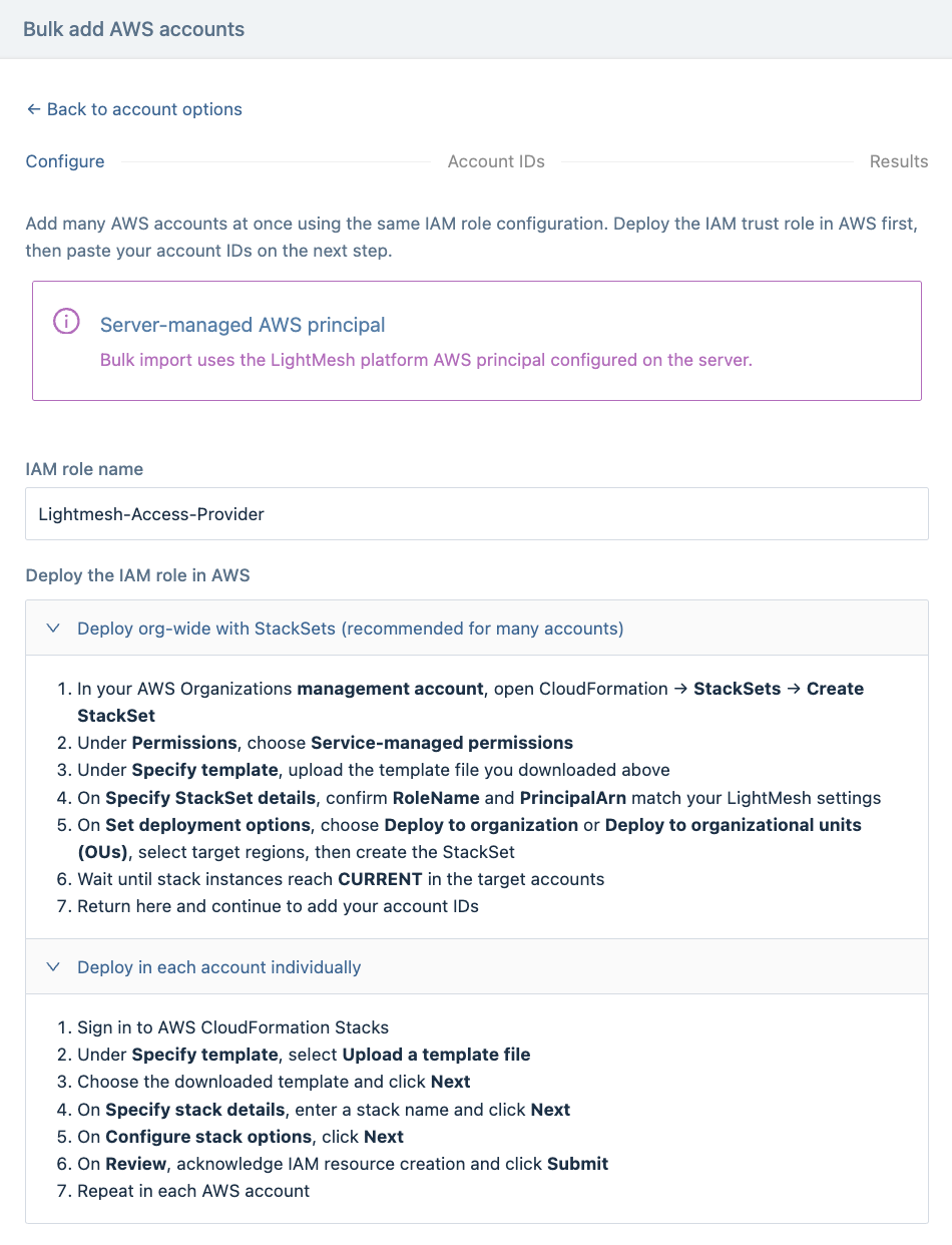Bulk import Configure step — role name and template