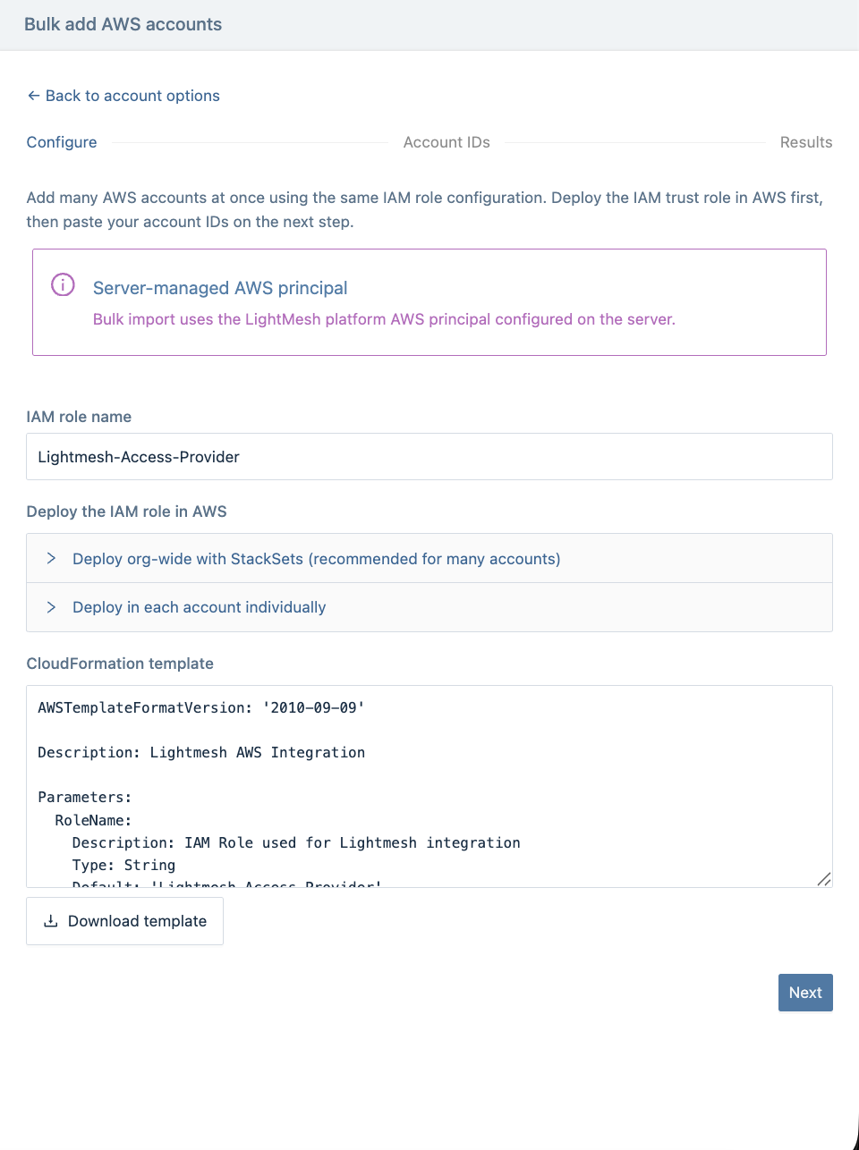 Download CloudFormation template on Configure step