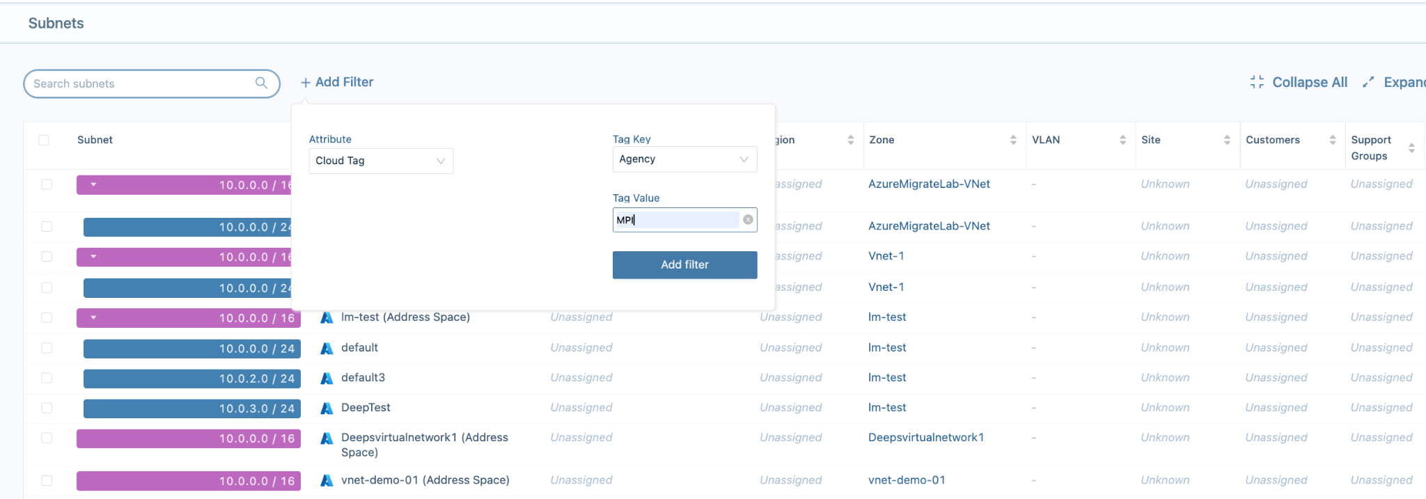 Add Filter dialog for Cloud Tag Agency = MPI