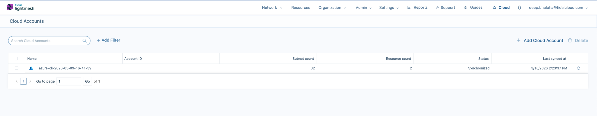 Cloud Accounts list with an Azure account