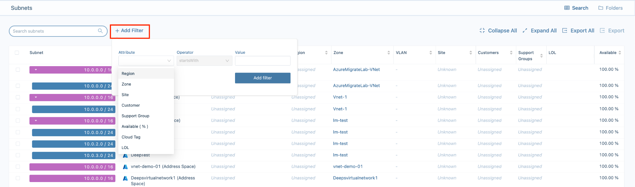 Subnets page Add Filter with Cloud Tag attribute