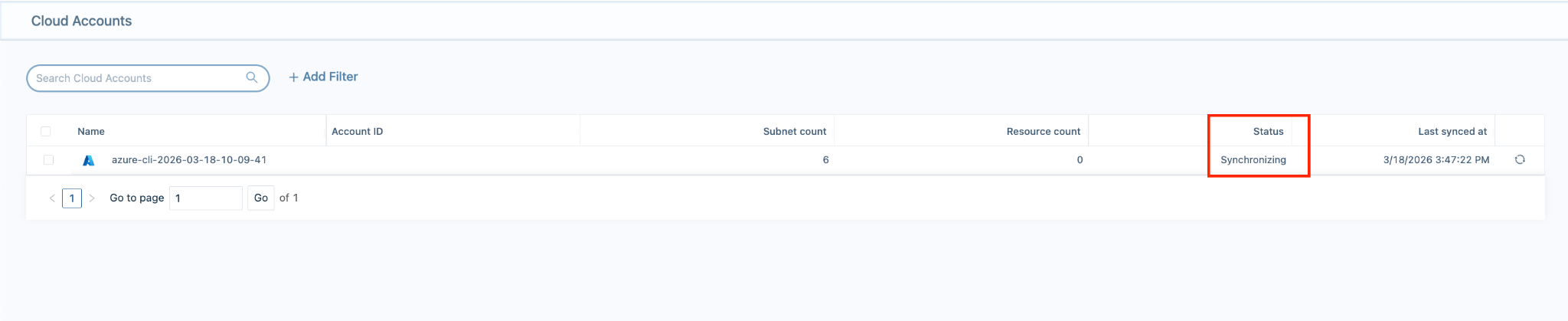 Cloud Accounts table showing Synchronizing status