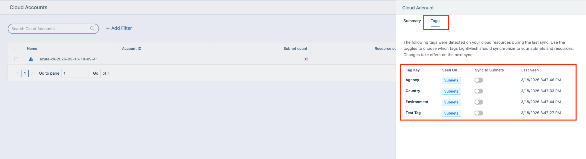 Tags tab after initial Azure sync