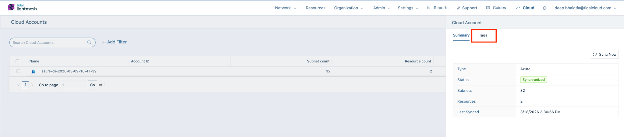 Tags tab on the Azure account drawer