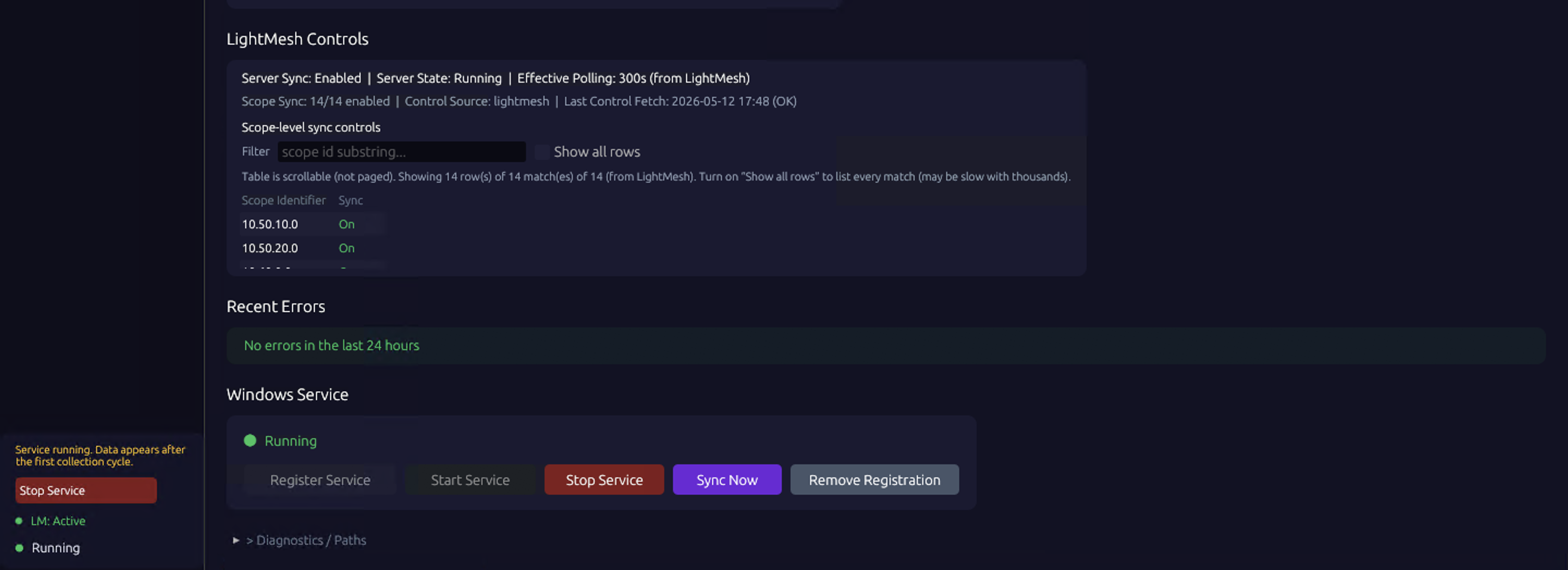 Dashboard sync history