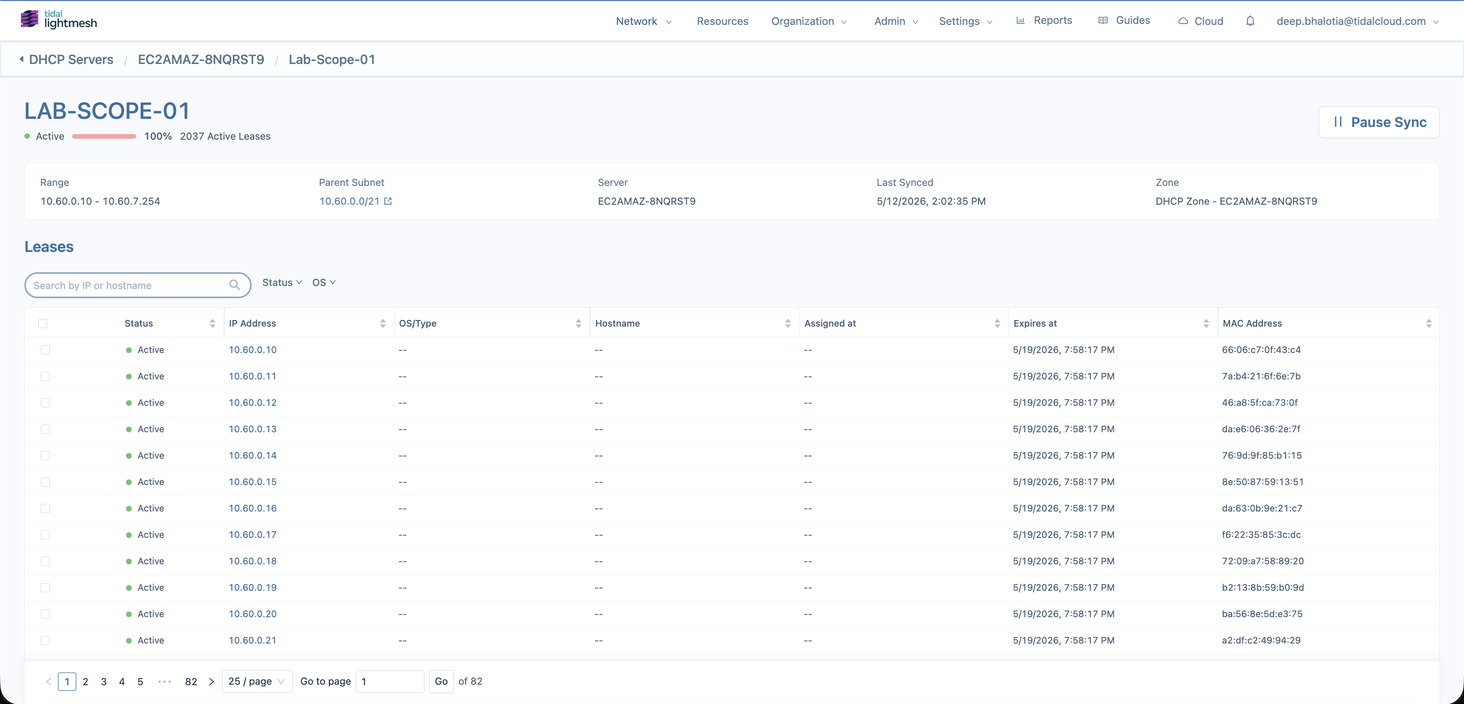 DHCP Leases tab