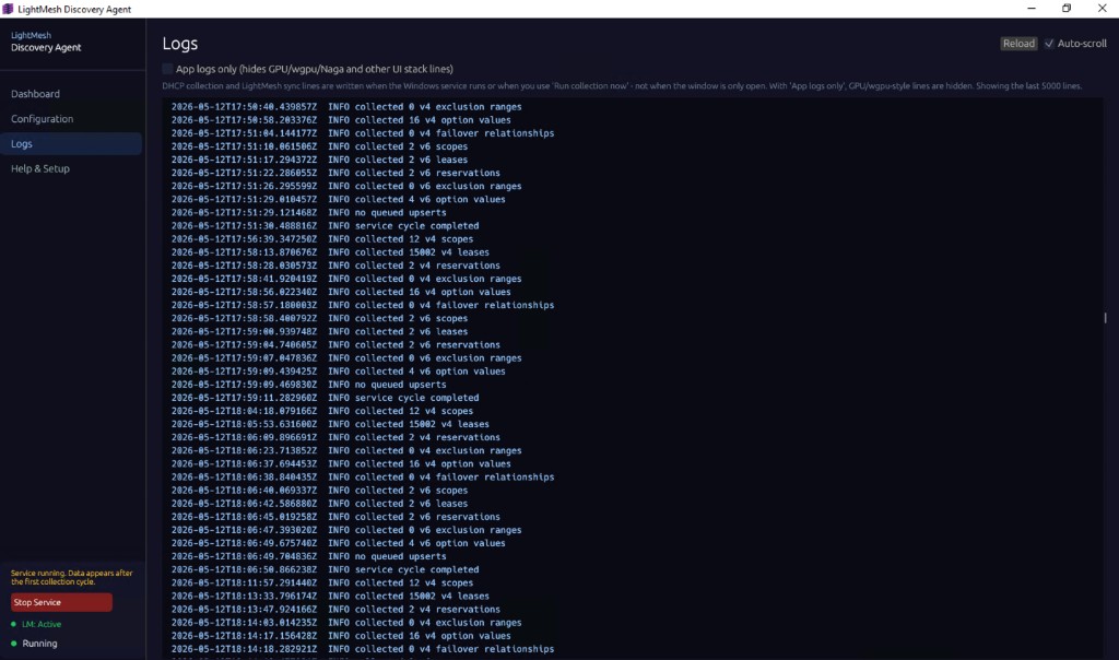 Logs panel with collection and sync messages