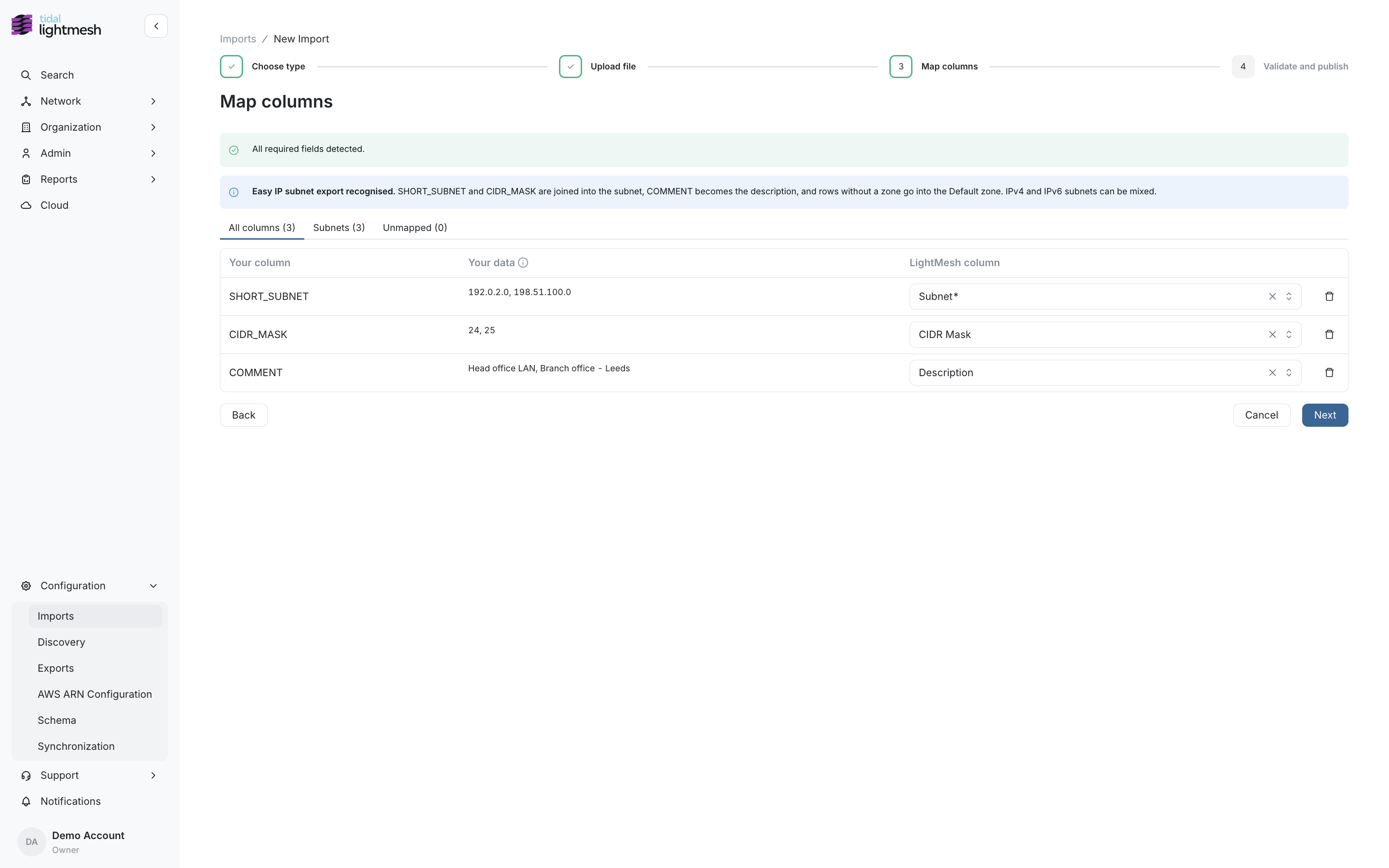 Easy IP subnet export recognised