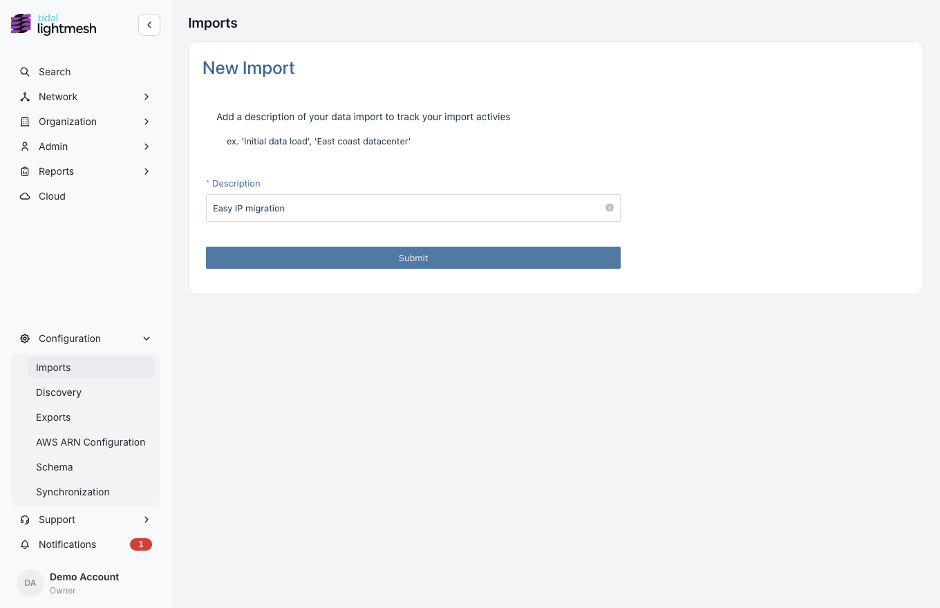 New Import form with a description