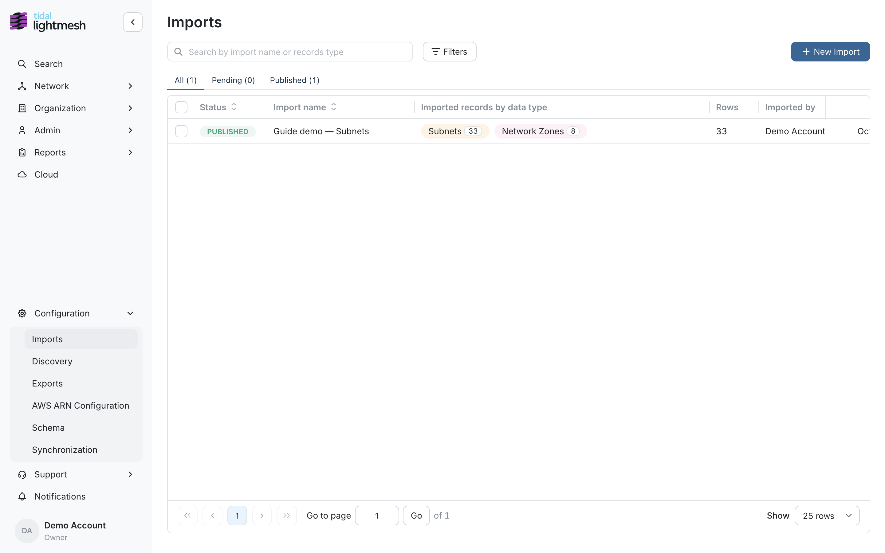 Imports list with published imports