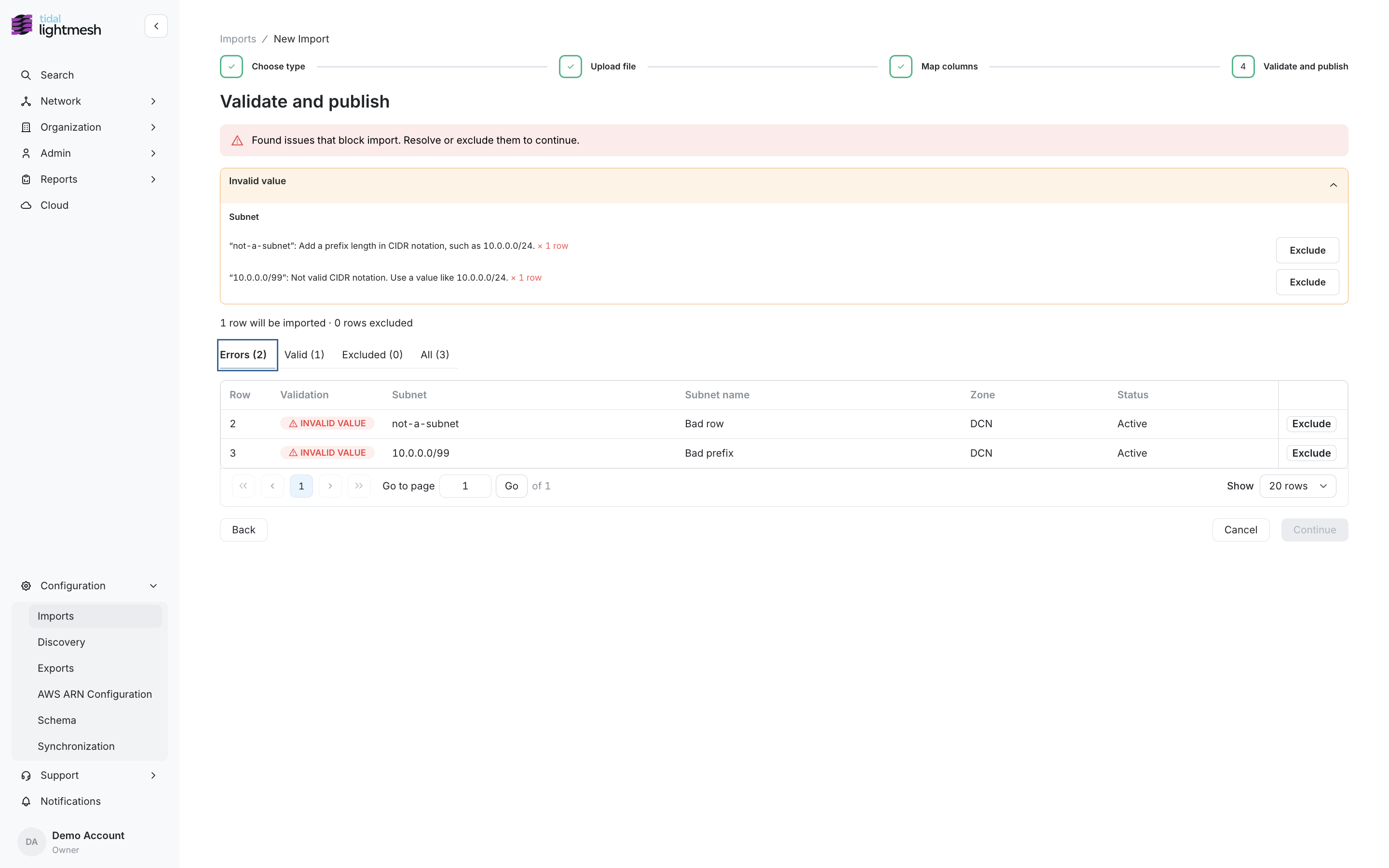 Validation errors on the Errors tab