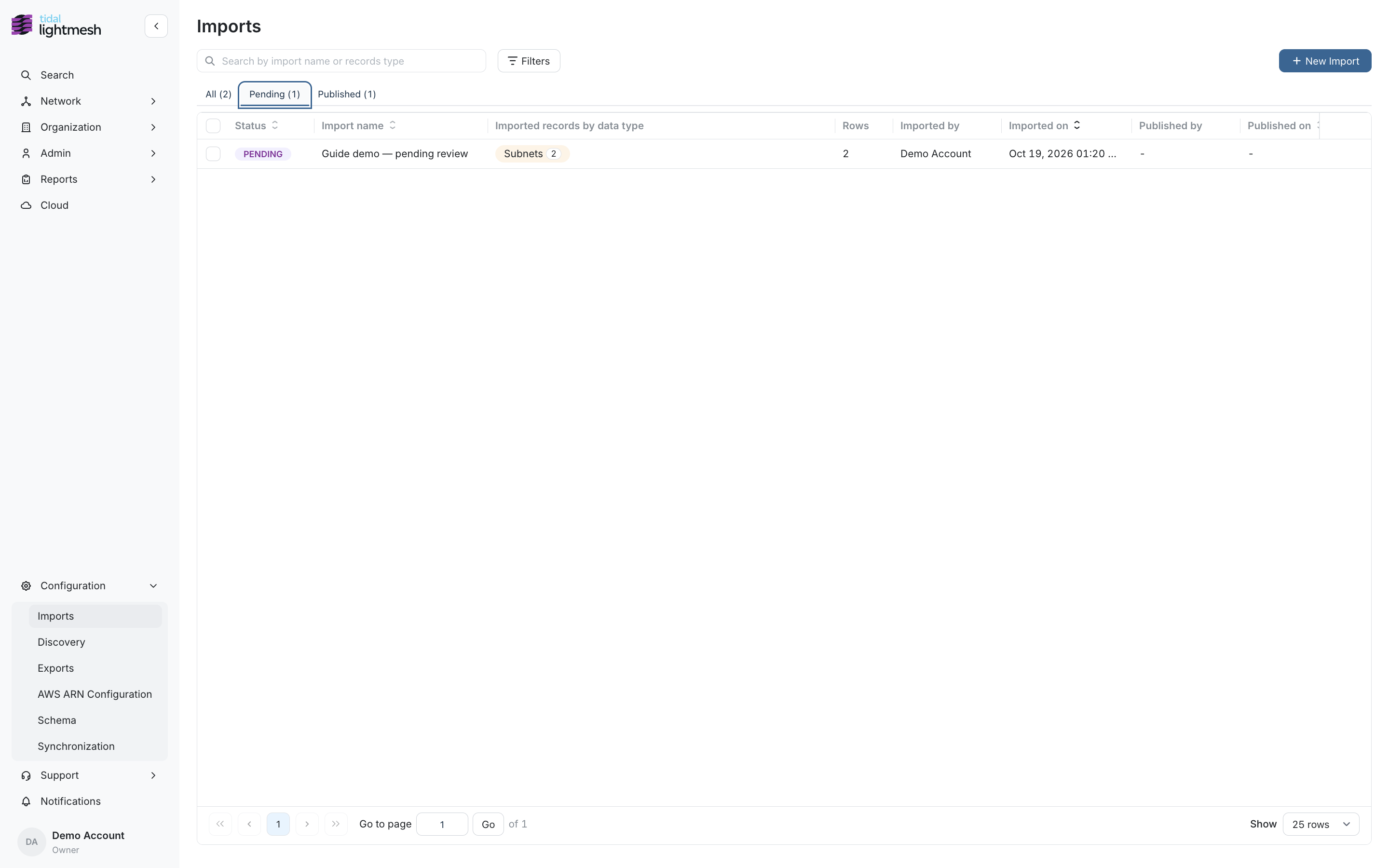 Imports list — Pending tab