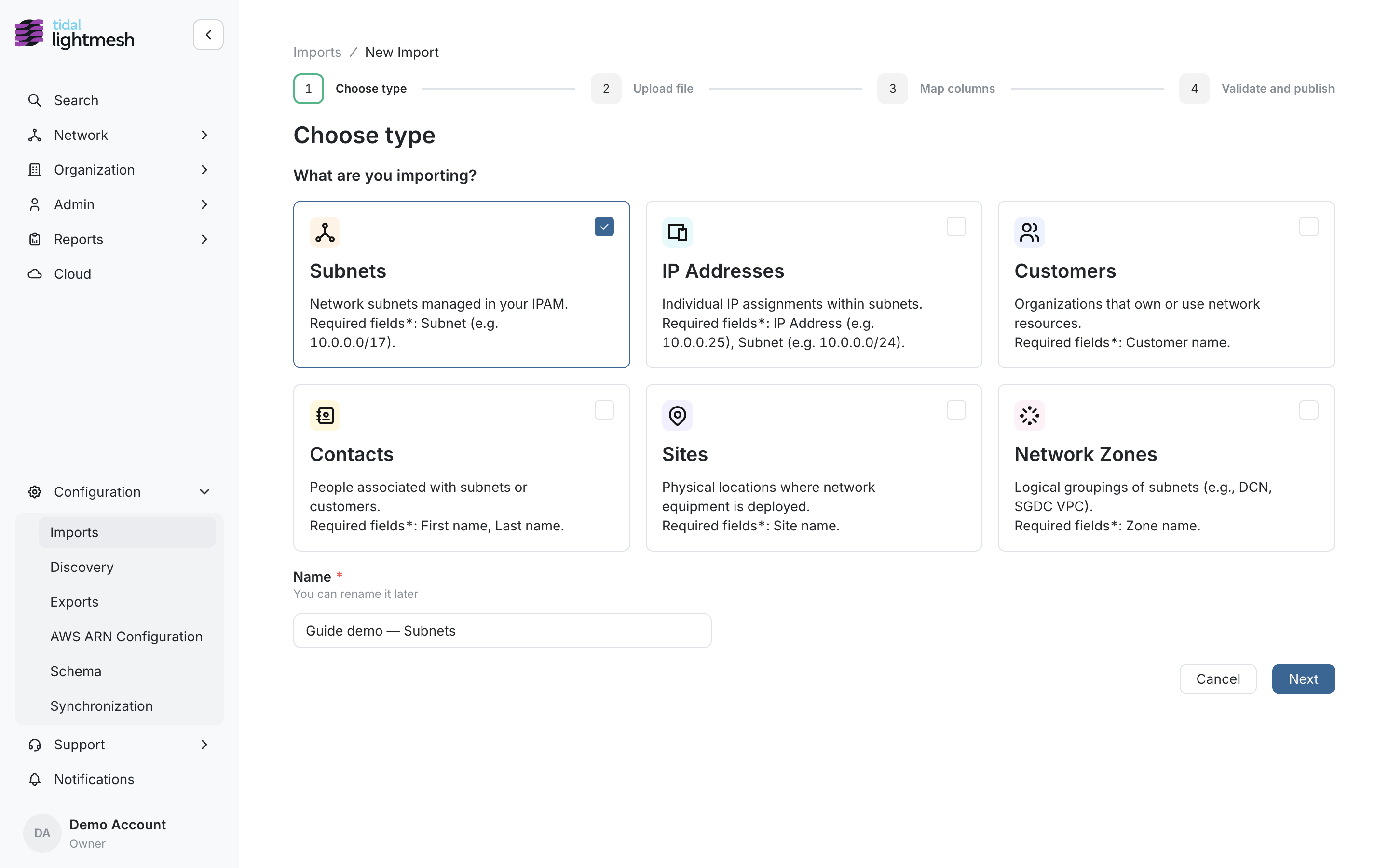 Subnets selected and named
