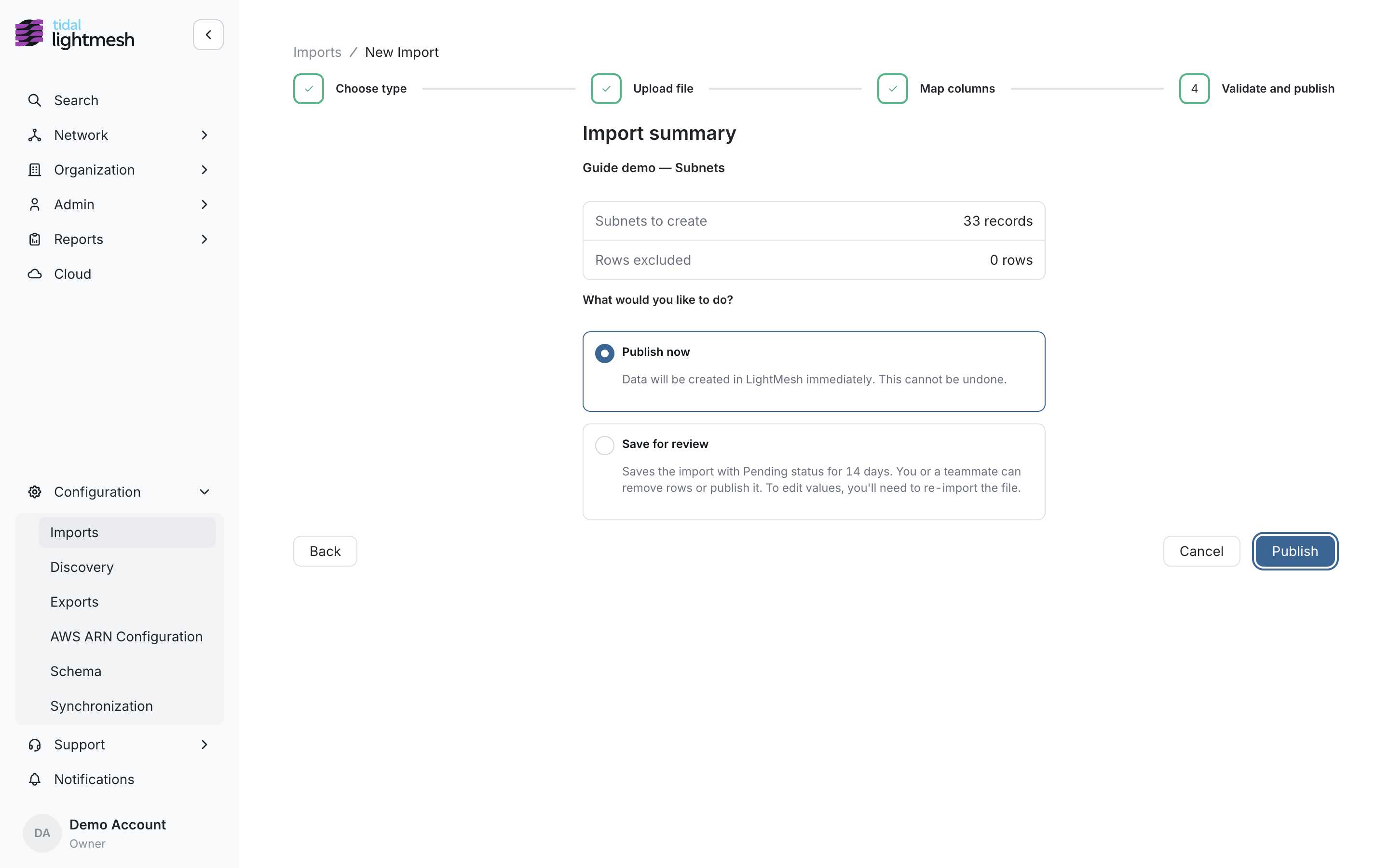 Import summary — Publish now