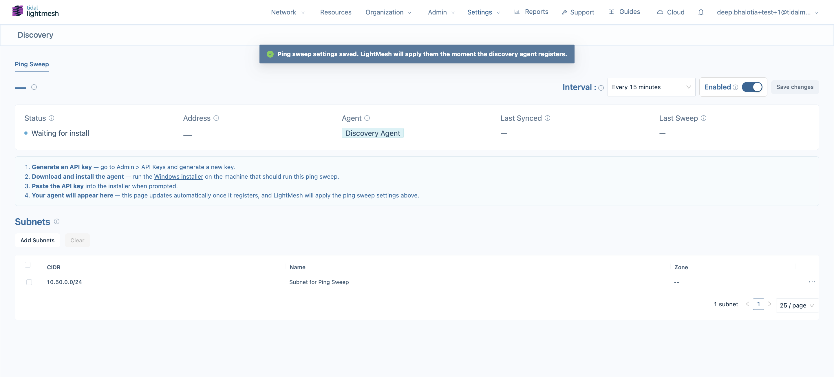 Discovery Ping Sweep - configured in LightMesh
