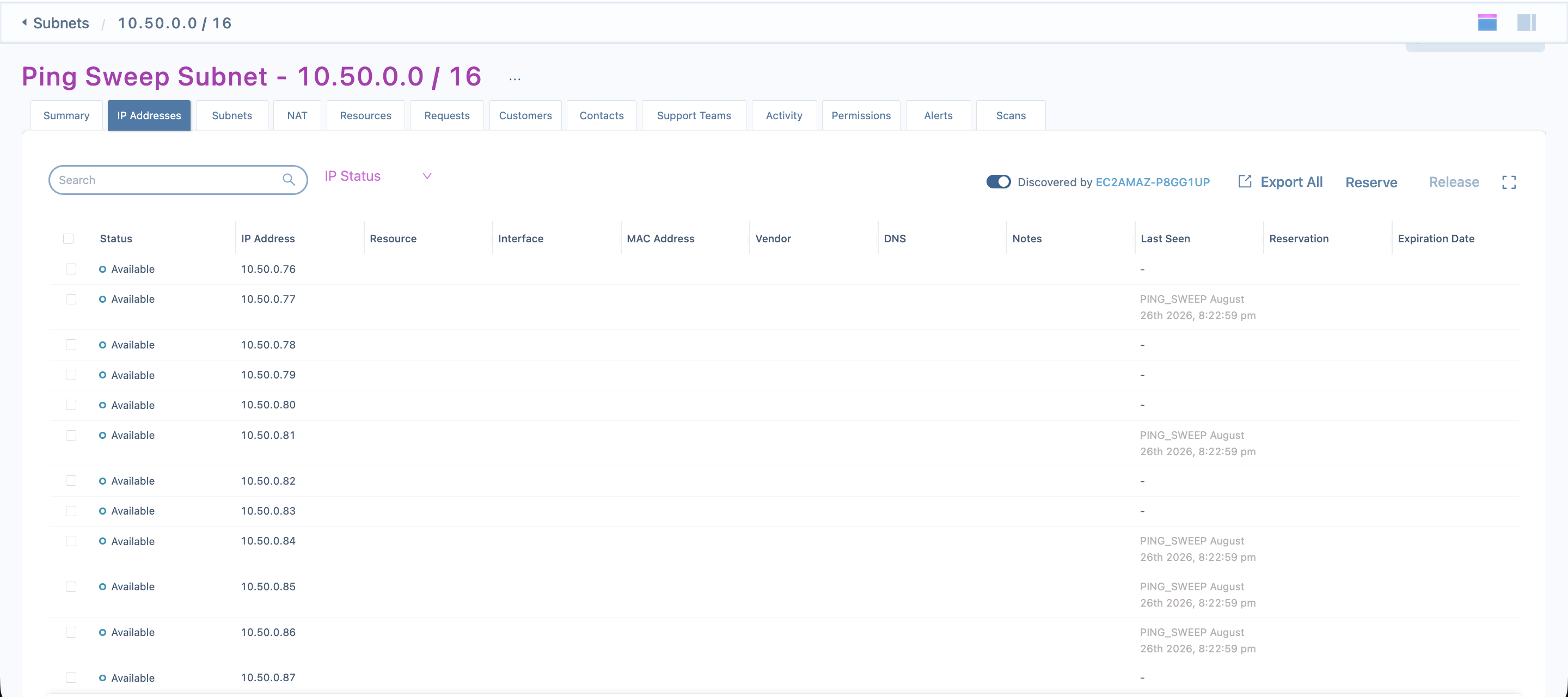 IP Addresses updated by ping sweep