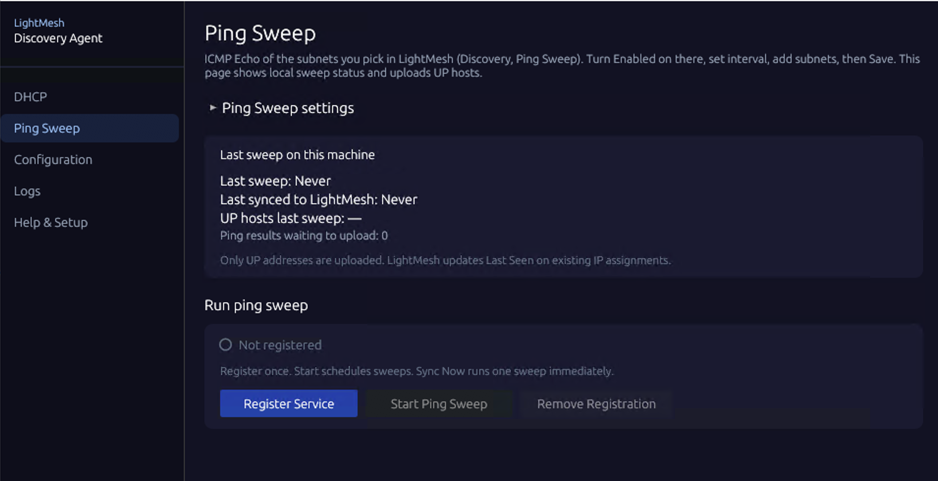 Agent Ping Sweep panel