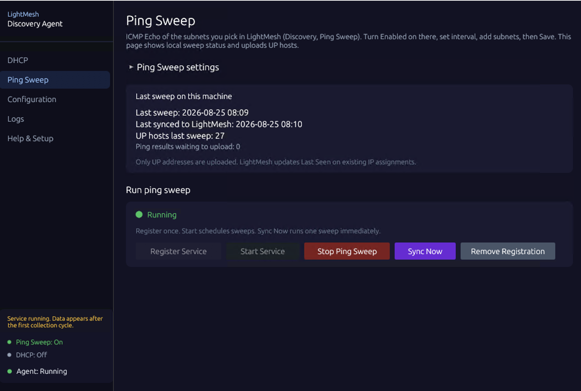Agent Ping Sweep panel with service registered and sweep started