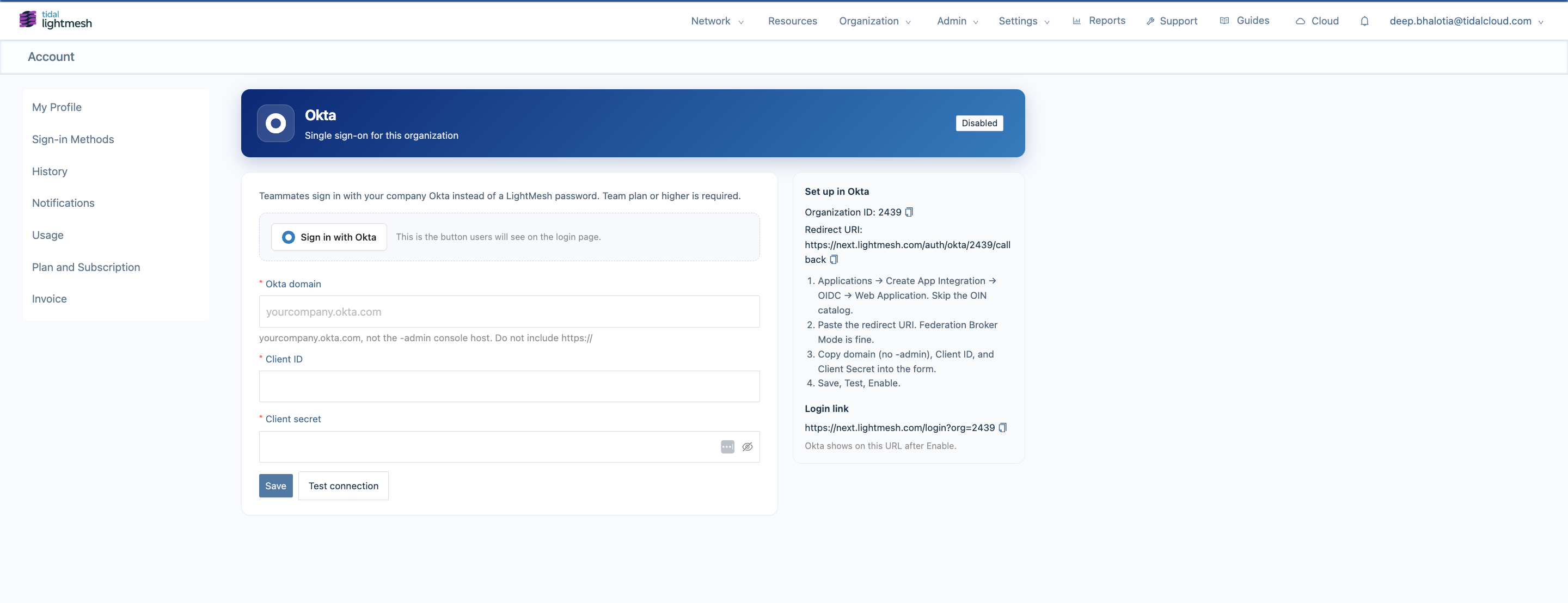 Okta SSO configuration page